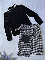 Стильный женский костюм р.XS/S с юбкой, кофта велюр чёрная, юбка в клетку, размер 36/S