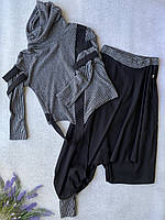 H4 Стильный костюм чёрный в полоску, брюки-юбка и кофта стойка, размер M, 46