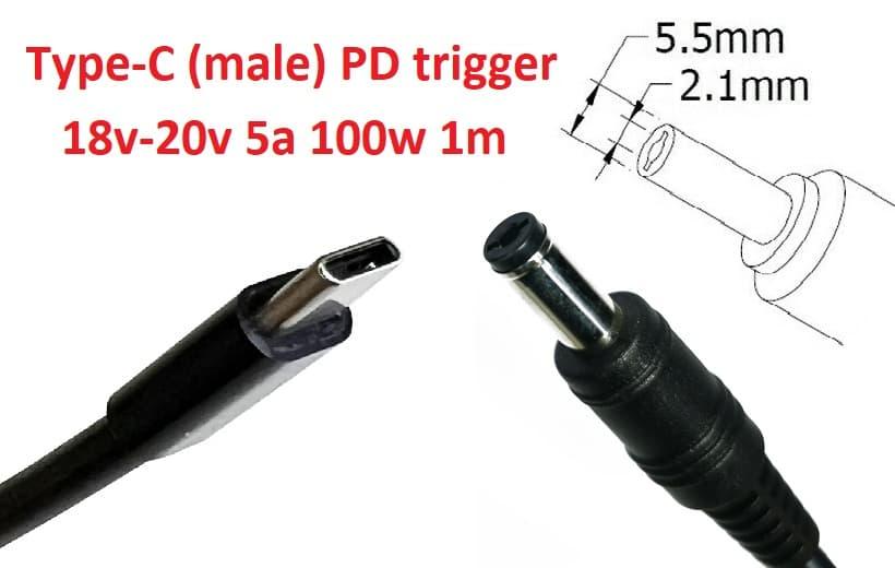 Кабель-перехідник тригер PD 18-20v Type-C (max 5a, 100w) на 5.5x2.1mm 1m з USB Type-C (male) Power Delivery PD тригер (A class) 1
