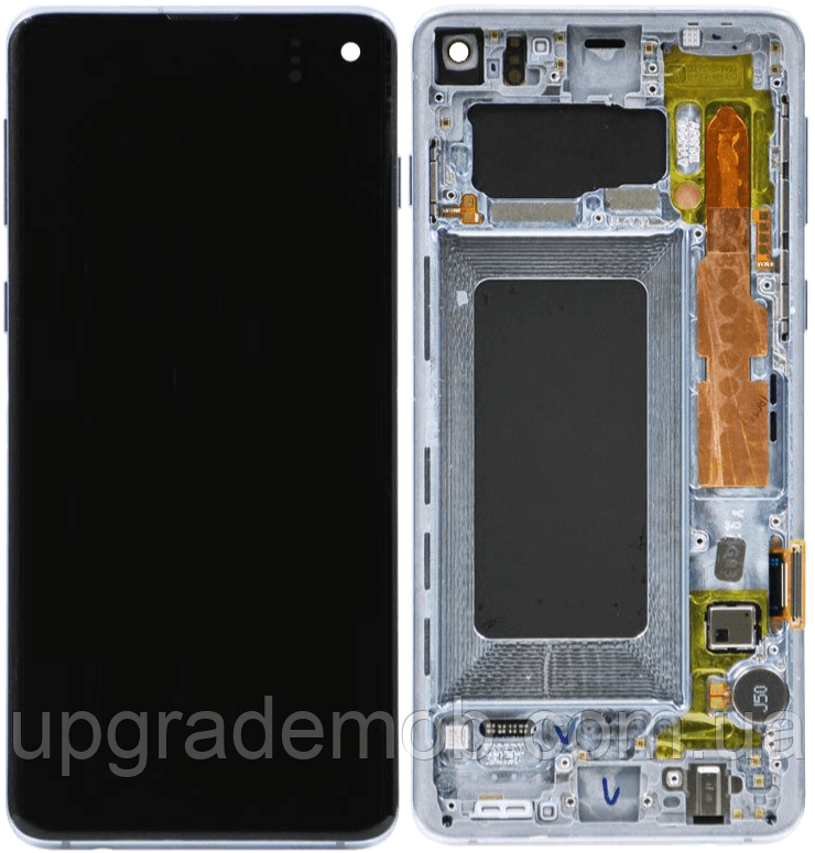 Дисплей модуль тачскрин Samsung G973 Galaxy S10 чорний Amoled оригінал переклеєне скло з рамкою блакитного