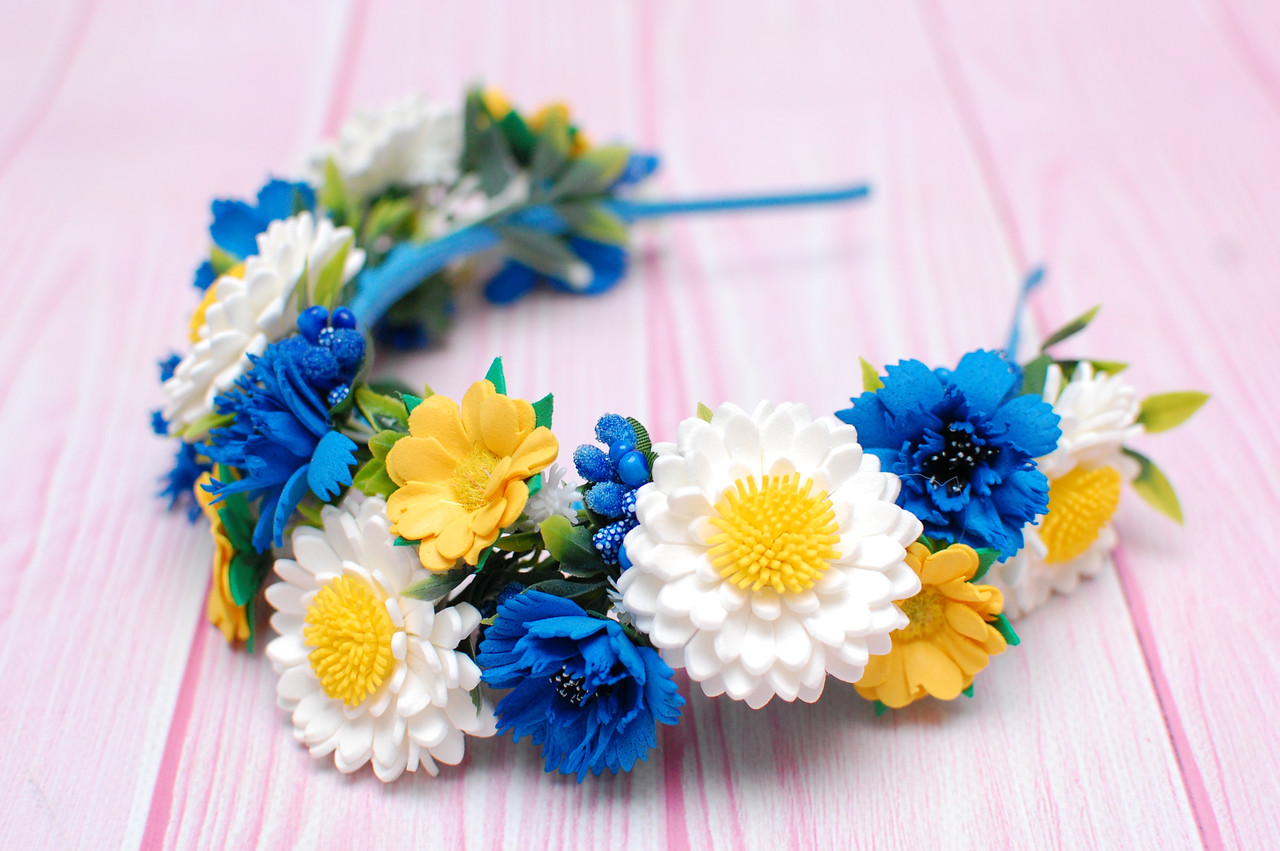 Обруч для волосся / обідок на голову український жовто-синій з волошками та ромашками 686, фото 1