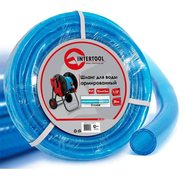 Шланг для води тришаровий, синій, 1/2", 20 м, армований, PVC INTERTOOL GE-4053, фото 1
