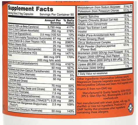 Вітаміни з суперпродуктами без заліза Now Foods EcoGreen Multi Iron-Free 180 капс., фото 2