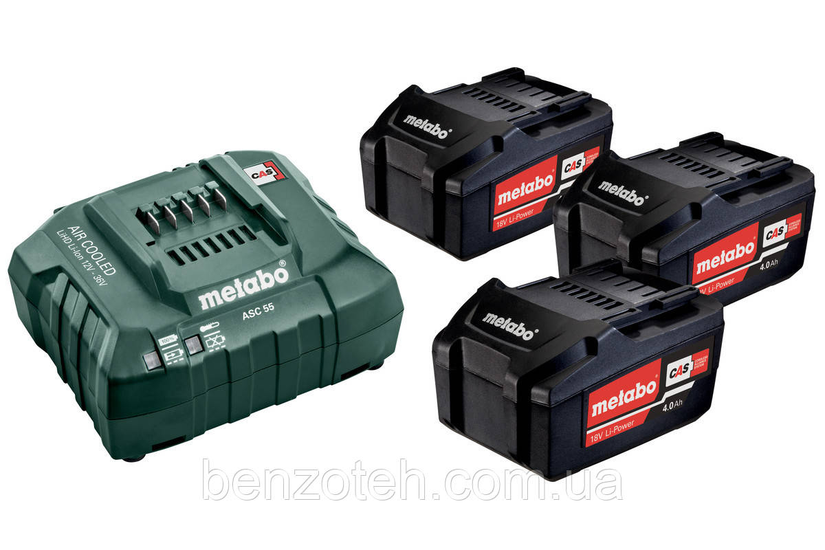 Акумулятор + зарядний Metabo (зарядний ASC 55, 3 акумулятори Li-Power 18 В / 4,0 А·ч)