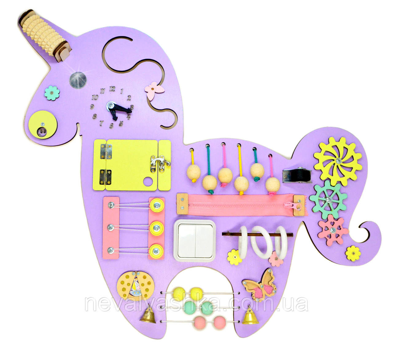 Кольоровий Бізіборд Єдиноріг 55х52 см "Збери Сам" Дошка, що розвиває 18в1 Заготовки в Розібраному Виді + Кріплення, фото 1