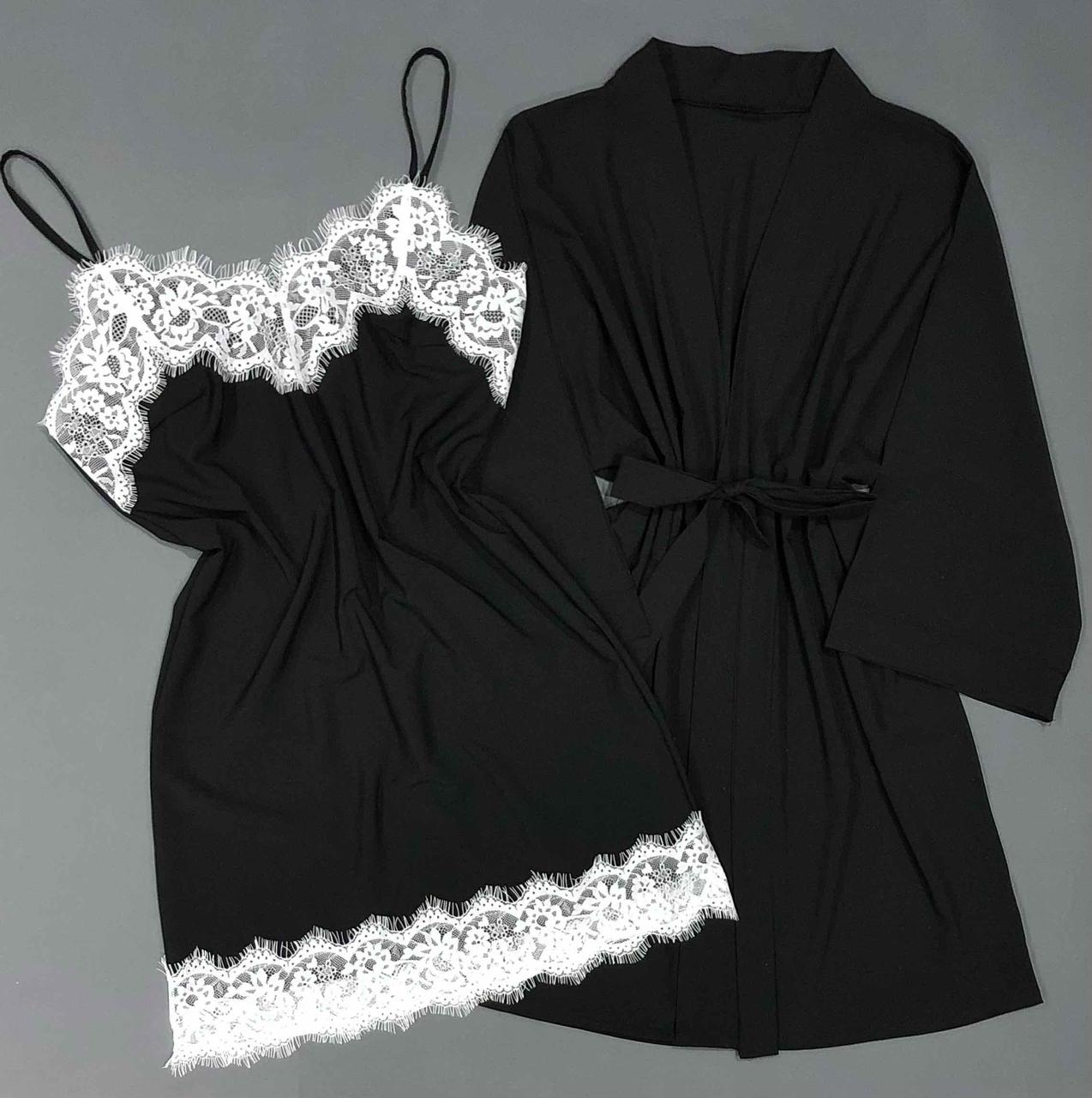 Халат и пеньюар, черный комплект женский.
