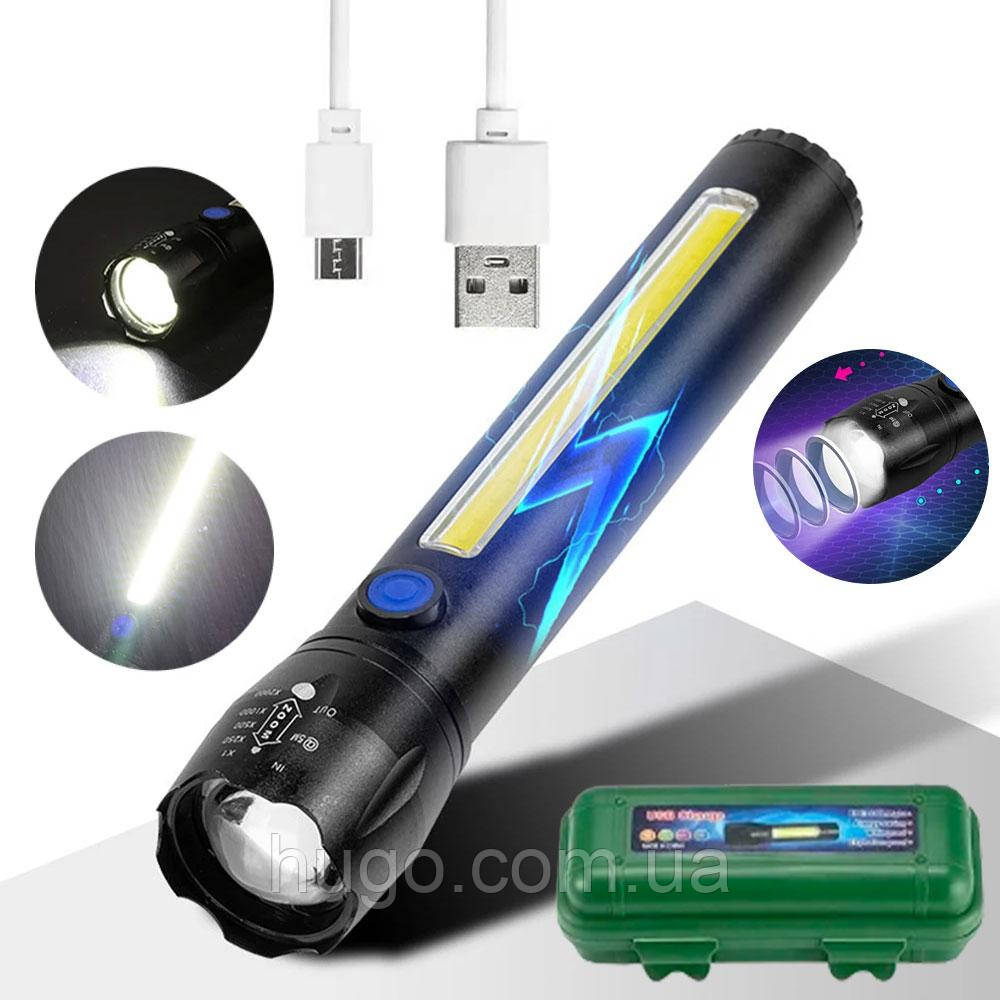 Ручний акумуляторний ліхтар USB, 1LED+18 СOB, з бічним світлом та зумом BL-C62 / Тактичний ліхтарик