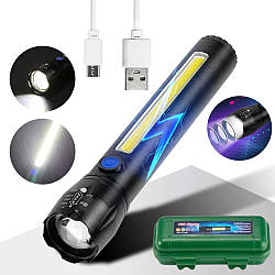 Ручний акумуляторний ліхтар USB, 1LED+18 СOB, з бічним світлом та зумом BL-C62 / Тактичний ліхтарик