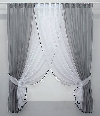 Кухонні шторки (400х150см.) з підв'язками. Колір графітовий з білим. Код 096к 59-969