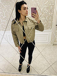 Куртка демісезонна коротка на дівчинку-підлітка оливковий розміри 146, 152, 158, 164