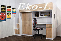 Кровать чердак детская, подростковая со шкафом и столом Эколь цвет белый с сономой