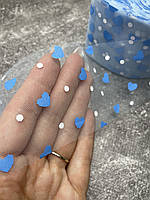 Фатин мягкий голубой в синие сердечки и белый горох, 6 см