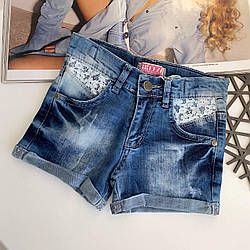 Шорти для дівчаток джинсові з ажуром на кишенях Сині 20061, breeze girls, Синій, Для дівчаток, Літо, 116