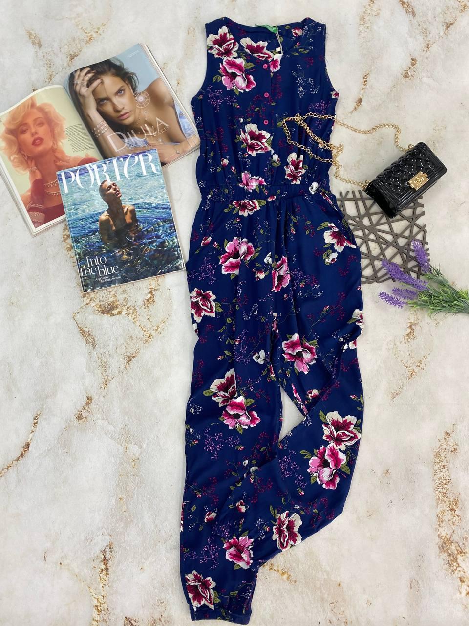 Комбінезон синій в рожеві квіти 2605-002, Cichlid, Синій, Для дівчаток, Літо, 122, фото 1