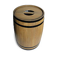 Сміттєвий бак з дерев'яної бочки з металевим контейнером та кришкою, h-80 см, світле дерево та чорні обручі, фото 2