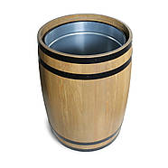 Сміттєвий бак з дерев'яної бочки з металевим контейнером та кришкою, h-80 см, світле дерево та чорні обручі, фото 5