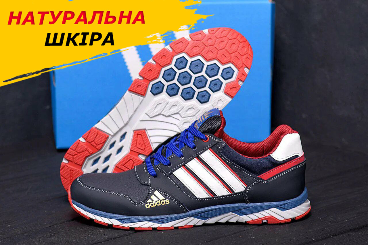 Осінні чоловічі шкіряні кросівки Adidas Tech Flex (Адідас) сині зручні з натуральної шкіри *900 blue*, фото 1
