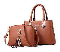 Набор женская сумка через плечо и мини сумочка клатч с брелком Коричневый "Lv"