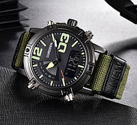 Прочные мужские наручные часы армейские хаки на тканевом ремешке, военный часы на руку с секундомером "Lv"