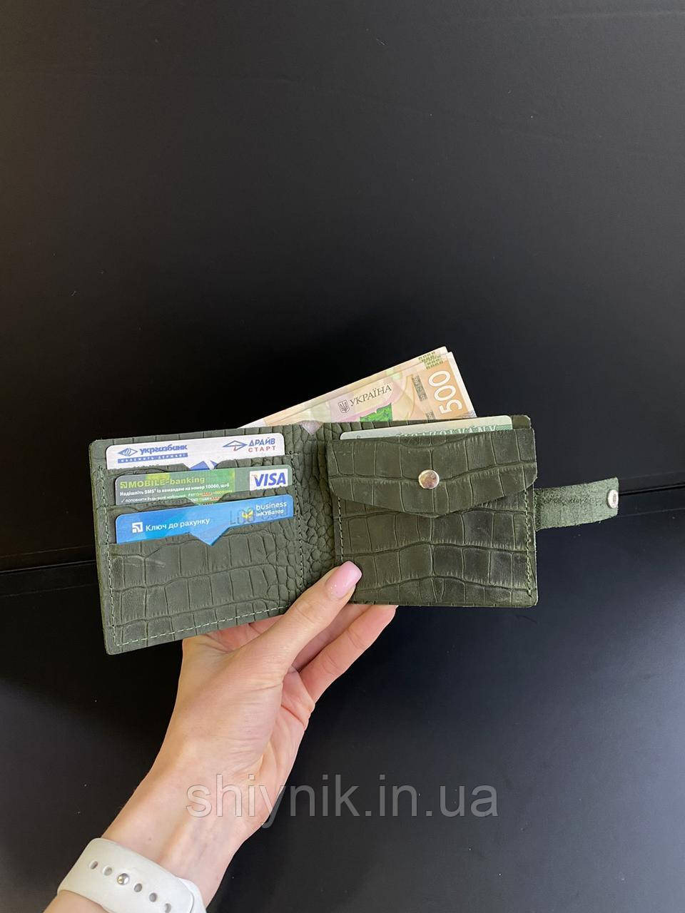 Шкіряний гаманець DELI зелений тиснення рептилія, фото 1