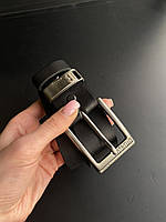 Шкіряний ремінь 4 см чорний з брендовою пряжкою