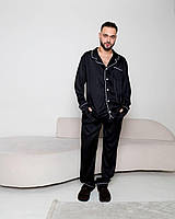 Чоловіча шовкова піжама сорочка та штани із шовку армані на ґудзиках комплет для дому та сну чорний 20065