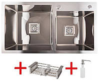 Мойка кухонная из нержавеющей стали Platinum Handmade 78*43 + коландер и дозатор