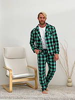 Теплая зимняя фланелевая мужская пижама тройка брюки рубашка и футболка одежда для дома и сна зеленый