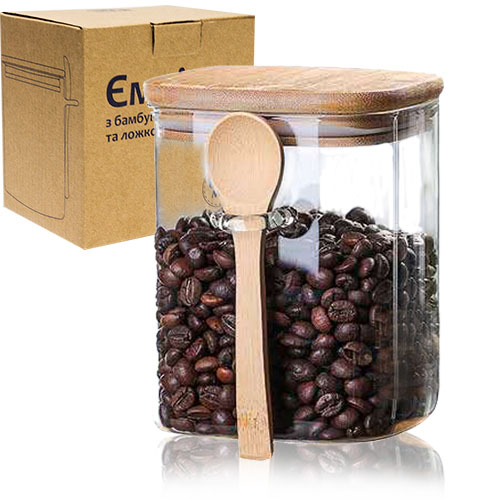 Банка скляна з бамбуковою кришкою та ложкою 600 мл, фото 1