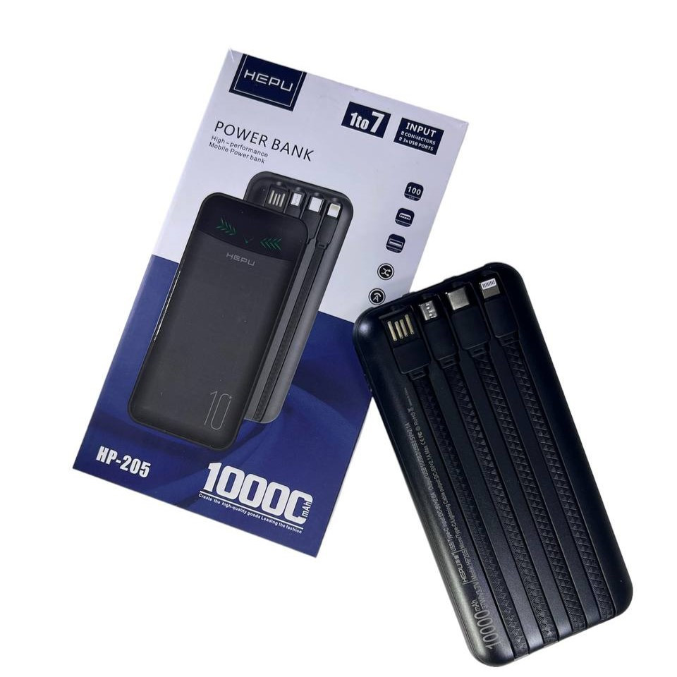 Power Bank HEPU HP205 10000mAh, Повербанк з набором зарядних кабелів, Портативна зарядка для телефону