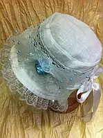 Кружевная льняная детская шляпка панамка с бантом белая с кружевами