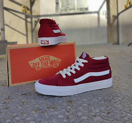 Vans old skool кеди замша високі бордові на білій підошві bordo/white унісекс, фото 4