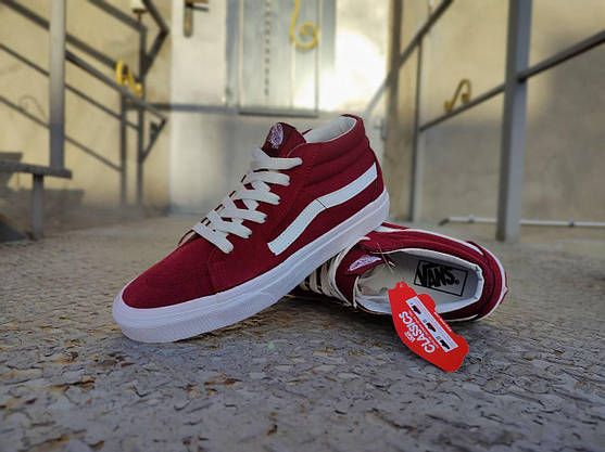 Vans old skool кеди замша високі бордові на білій підошві bordo/white унісекс, фото 5