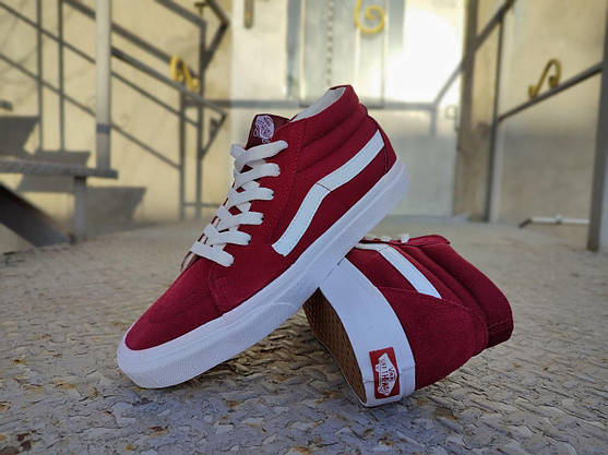 Vans old skool кеди замша високі бордові на білій підошві bordo/white унісекс, фото 3