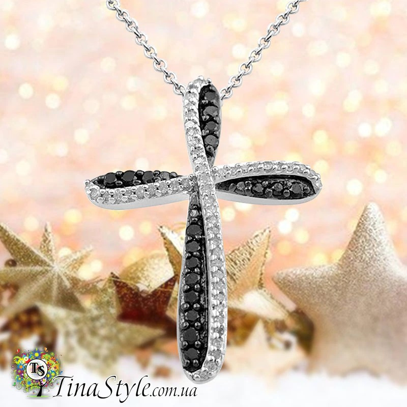 Підвіска хрестик з камінчиками, срібного кольору, фото 1