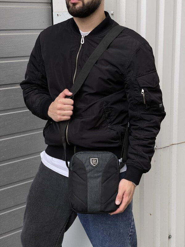 Чоловіча сумка-барсетка темно-сіра із чорними вставками, фото 1