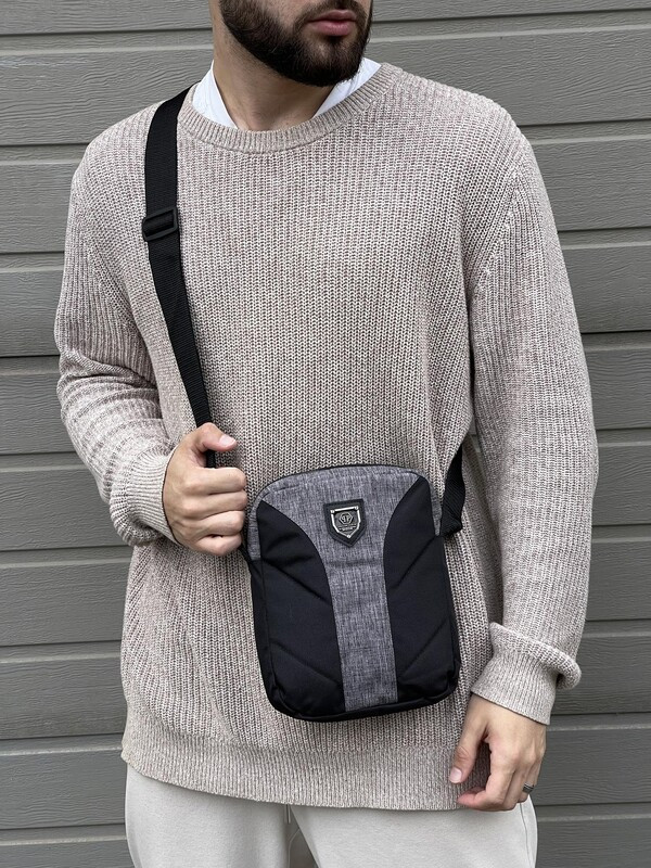Барсетка тканинна кольору сірий меланж із чорними вставками, фото 1