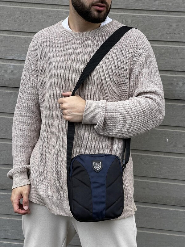 Барсетка чоловіча синьо-чорна з пришивним логотипом, фото 1