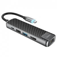 USB HUB HOCO HB23 Type-C - USB 3.0 (F) / USB 2.0 / (F) / HDMI (F) / Type-C (F) PD / RJ45 (F) 0.1m Silver