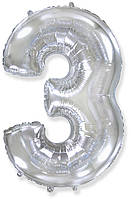 Воздушный шарик цифра 3 серебро, 40" (102 см) Flexmetal в упаковке