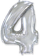 Воздушный шарик цифра 4 серебро, 40" (102 см) Flexmetal в упаковке