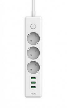 Мережевий фільтр подовжувач HAVIT HV-SP8813 3хUSB + 3 розетки білий