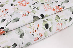 Тканина 100% бавовна для постільної білизни, ширина 220 см "Квіти із зеленим листям" на білому тлі