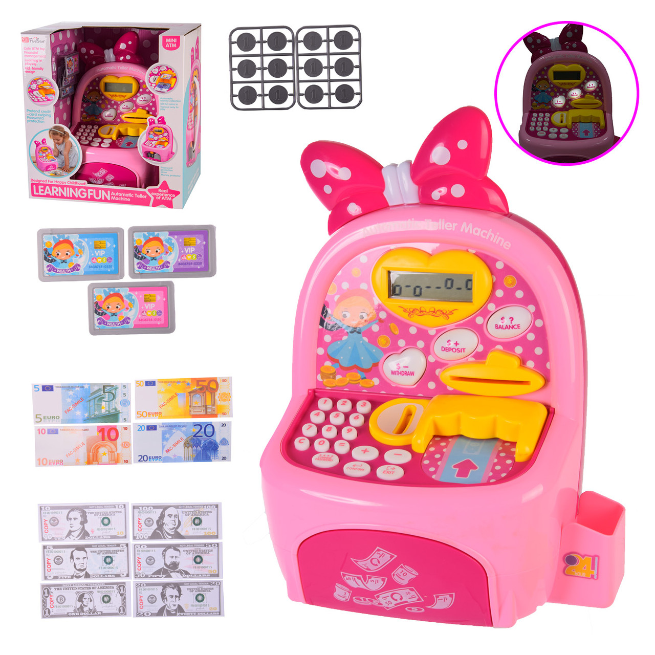 Електронна скарбничка-банкомат 35885, дитяча скарбничка, світло, звук, калькулятор, фото 1