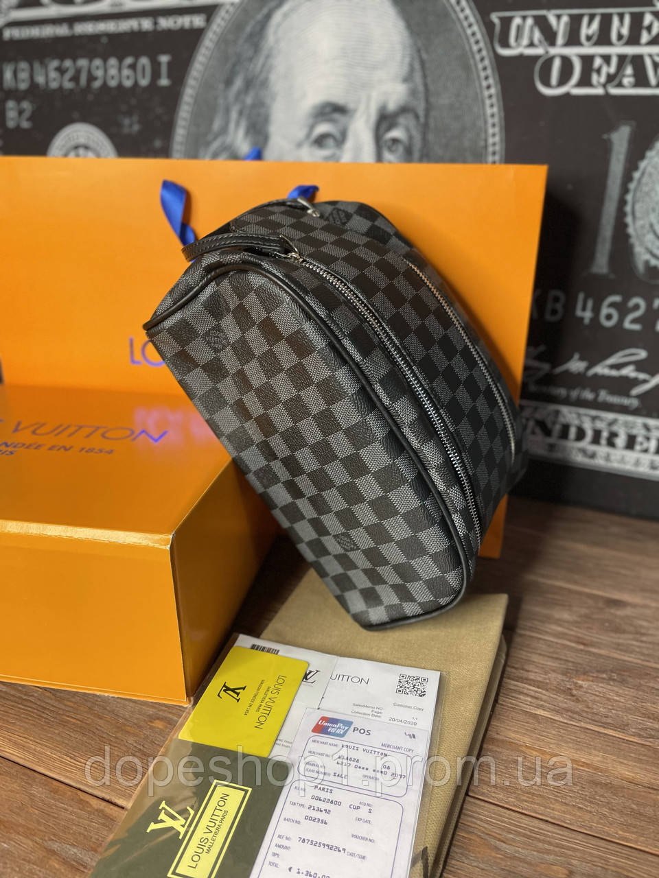 Чоловіча сумка барсетка Louis Vuitton сіра шашка сумка несесер Луї ...