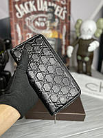 Мужской черный кошелек Gucci GG Вместительный бумажник из натуральной кожи Гуччи