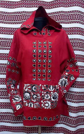 Вишиванка жіноча, туніка з капюшоном, вишневий льон "Даха-Браха", фото 1