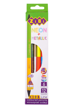 Олівці кольорові Double Neon+Metallic 6 штук 12 кольорів KIDS LINE