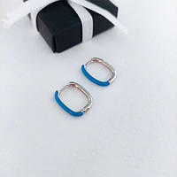 Серьги-кольца овальные серебряные с голубой эмалью DeKolie MK1218-1