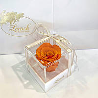 Жовтогарячий стабілізований бутон троянди в подарунковій коробці Lerosh — Classic